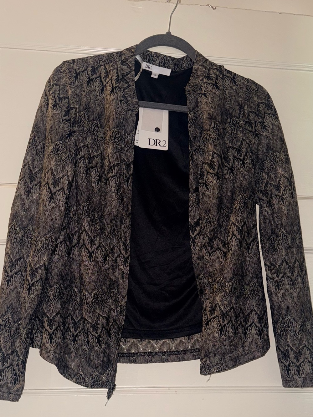 NWT DR2 Women's Open-Front Patterned Blazer in Black and Brown